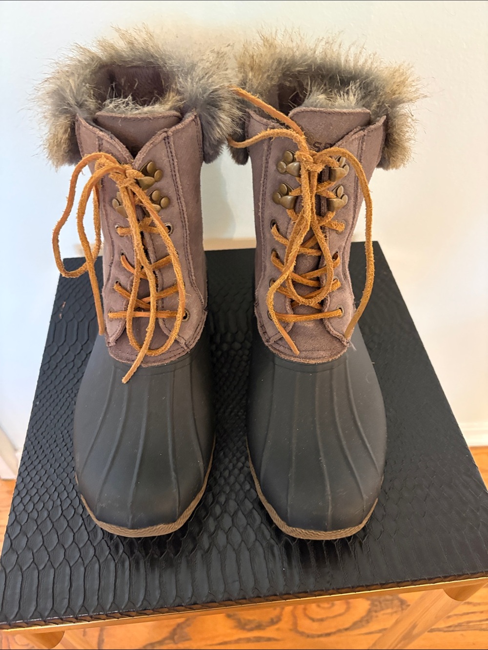 Sperry Brown and Black Faux-Fur Lace-Up Winter Duck Boots